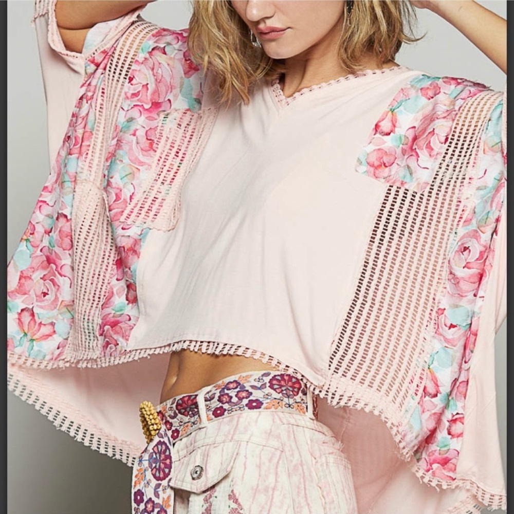 POL Pink Floral Women's Top L Oversized Boxy Lace